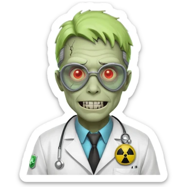 radioactive zombie scientist portrait, head and shoulders only, glowing toxic veins, cracked goggles, lab coat with radiation badge, sinister smile, 3D cartoon, mobile game icon style, clean background, no text, no watermark
 sticker