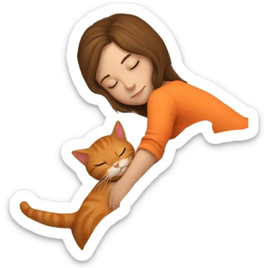 White girl brown hair sleeping on bed with orange kitty sticker