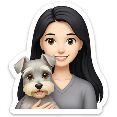 A smilling woman with long black hair holding a blonde Schnauzer sticker
