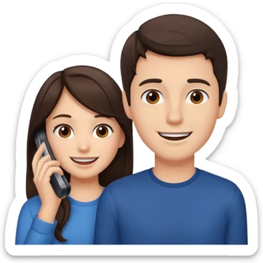 generate 2 teenagers. (one boy, one girl) brunette. calling while smiling awkwardly sticker
