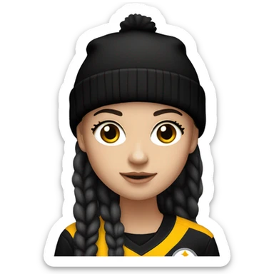 White girl with a black hair in Steelers beanie or jersey sticker