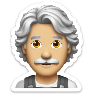 Mature man, gray shaggy hair, brown eyes, mustache, apron sticker