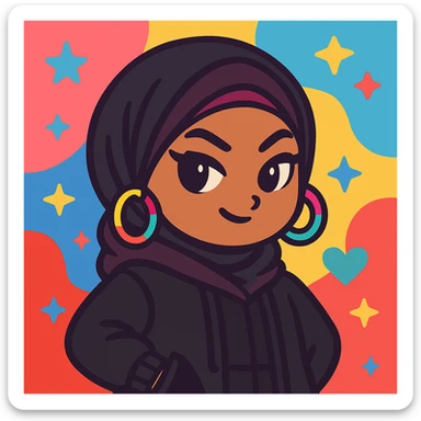 Change the outfit to black or very dark colors while keeping the baddie hijabi style. Show a sassy expression, hoop earrings, winged eyeliner, streetwear, fashionable hijab, urban vibe, and a colorful background. Accessories can stay colorful. sticker