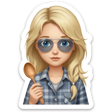 girl with long blond messy hair wearing grey plaid shirt with blue eyes and aviator sunglasses wearing a ring on her silver necklace, holding wooden spoon sticker