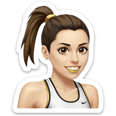 Melanie chisholm with a high ponytail wearing athletic attire and a gold tooth sticker