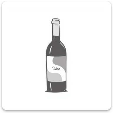 A wine bottle with label in pastel colors (dd9fb0, ffc6d3, a3bfc9, c4bee2, f1b091), hand-drawn doodle style sticker