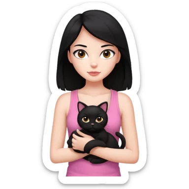 pretty woman with black hair and brown eyes, wearing a pink tank top, holding a black cat sticker