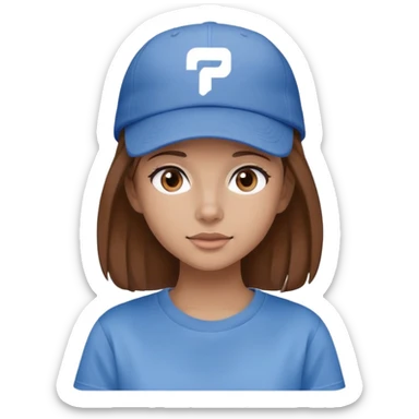 fille les cheveux chatain attachés avec une casquette bleu et un logo blanc dessus, elle porte un t-shirt gris large sticker