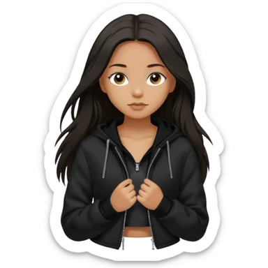  Siyah uzun saçlı ceket giyen esmerimsi kız fazla esmer değil siyah ceket  polar ceket ceket gevşek biraz omzundan çıkıyormuş gibi ve bugday ten rengi soltaraftaki omzundan çıkık sadece içinde de siyah crop var crop omzundan bağlı ve sadece sol omzundan gevşek ceket  sticker