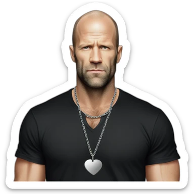 Jason Statham wearing men silver chain on a black tshirt,styled,cool sticker