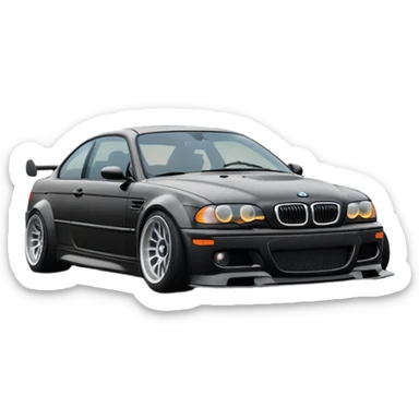 
A BMW M3 E46 is drifting through a corner, with a slight wisp of smoke coming from the rear and the wheels positioned at an angle relative to the turn.Road can see clearly  sticker