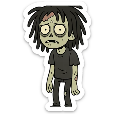 cartoon zombie boy with messy black freeform dreads, emo style, medium length, eerie and unsettling look sticker