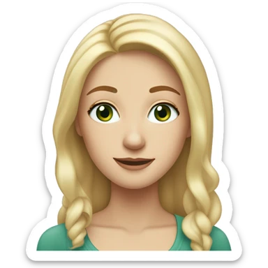 A tall slim blonde haired woman with a central parting with bluey green eyes, a freckle on the right cheek and quite a round face sticker