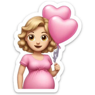White pregnant lady, with Light Brown hair and blue eyes. She is wearing a tight pink dress and a bow,  standing and holding two pink heart balloons. sticker