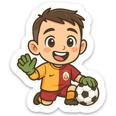 caricature, cute and humorous portrait of Muslera, famous Galatasaray goalkeeper, in yellow-red colors, football themed, with a fun facial expression sticker