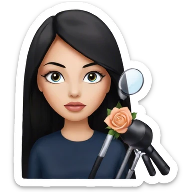 Glamours, tanned, very beautiful girl, with big pump peach-beige-rose lips, eyeliner, long lashes, black straight smooth silky long hair, straight parting hair, blue-grey eyes in black clothes sticker