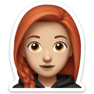 Pretty Girl with long eyelashes, blue eyes, red hair and a black hoodie that has a small white logo on the front sticker