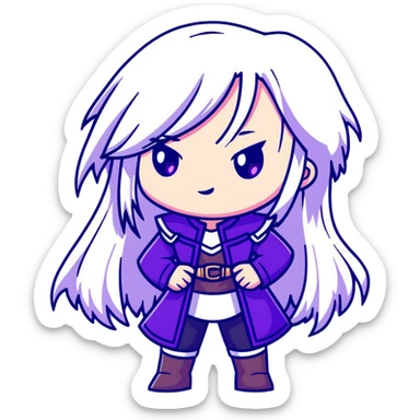 Chibi Sable Ward from Dead by Daylight with long white hair with purple streaks and fully purple eyes, detailed and expressive, cute exaggerated style with large expressive eyes and clear emotion sticker