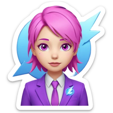 Cute 3D emoji-style girl sexy character with pink hair and purple eyes. No hands, no pose. Clean purple suit with a glowing neon-blue ‘C’ logo on the chest, small lightning accent. Smooth Apple-style lighting, friendly expression sticker