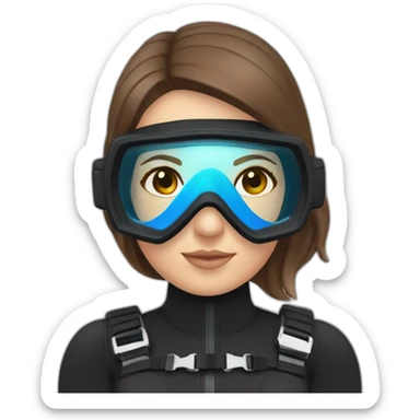 a woman with an a black scubadiver suit. pink dive mask, with blues eyes inside the dive mask. brown largue and straight hair sticker