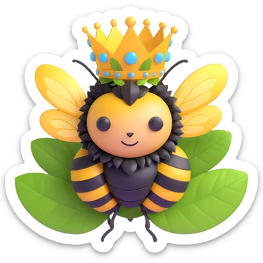 a bumblebee with a whimsical DIY queen crown made from leaves and shiny scraps sticker