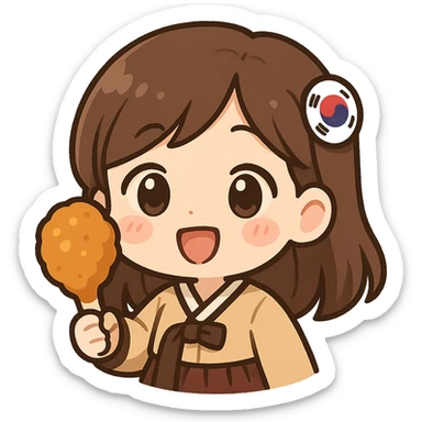 korean girl with brown hair holding a chicken drum, cute emoji style sticker