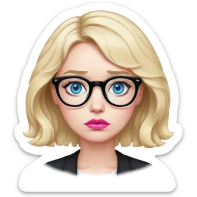 Blonde woman with short wavy hair, blue eyes and pink lips wearing black glasses looking very sad sticker