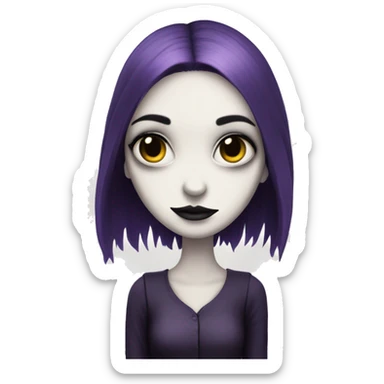 A girl with white skin and dark purple hair with the Tim burton art style  sticker