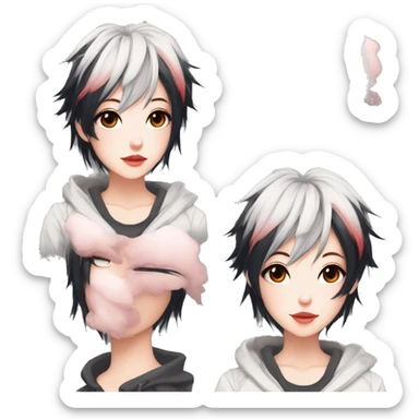 Gorgeous anime style tomboy-lady with blushing face aesthetic and pretty edgy black red punk hair with hair garment trending style sticker