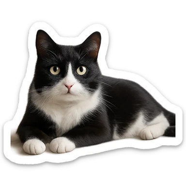 realistic tuxedo cat lying down, soft lighting, natural pose, photorealistic sticker