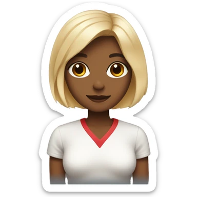 a blonde with a bob haircut and brown eyes holds in her hands a cat of three colors black, red and white sticker