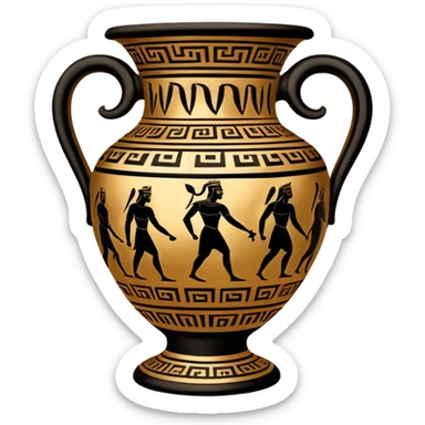 Cinematic-realistic Grecian urn, an exquisite black-figure pottery masterpiece resting in the dim glow of an ancient temple. Intricate golden depictions of gods and warriors encircle its curved form, telling timeless myths of heroism and tragedy. The polished ceramic surface reflects flickering torchlight, while faint wisps of dust drift in the air, whispering echoes of a long-lost civilization. sticker