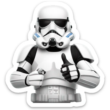 storm trooper in sunglasses giving a thumbs-up, with a relaxed pose and a simple background. sticker