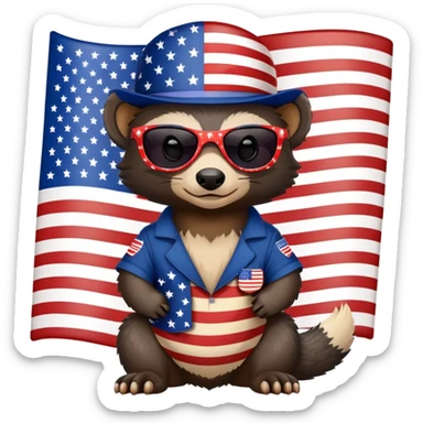 friendly anthropomorphised honey badger in patriotic USA Independence Day outfit with stars and stripes, wearing sunglasses sticker