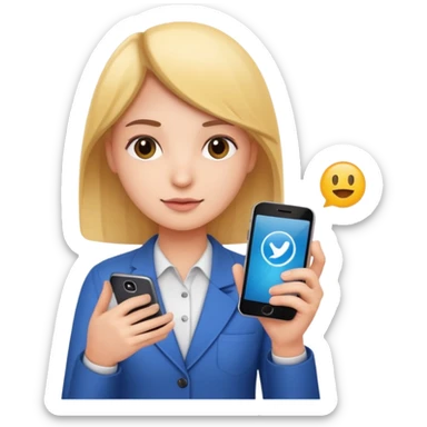person holding a phone with graphs and social media symbols, emoji style sticker