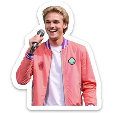 Pixel art style, expressive male performer, Caucasian features, short sandy blonde hair, lively eyes, wide cheerful smile, wearing a coral violet jacket over white tee, tossing a microphone in one hand, waist-up, front-facing sticker