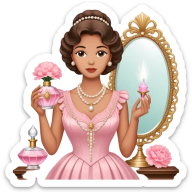 "An ornate Shell Pink perfume bottle with an atomizer, surrounded by Pearl Pink carnations. A string of pearls and a vintage mirror enhance the old Hollywood charm." sticker