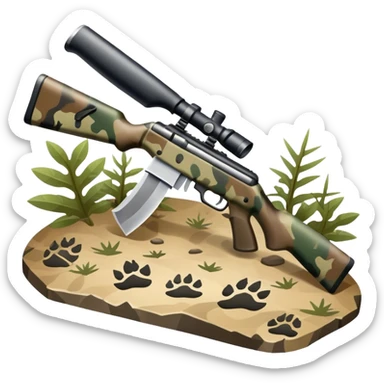 Icon for Hunting: a rifle, hunting knife and a set of animal tracks on the ground, surrounded by a camouflage pattern. The icon should represent the tools and spirit of hunting. Transparent background. sticker