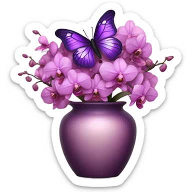 Aesthetic butterfly with purple and pink wings sitting on a dark purple bouquet of Orchids in a pastel pink vase sticker
