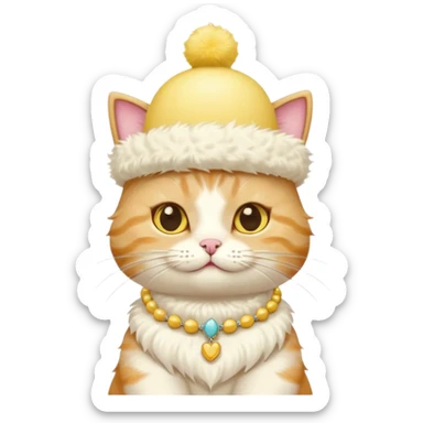 cat wearing a creamy cake hat with fun necklace around his neck and a yellow bow in the middle sticker