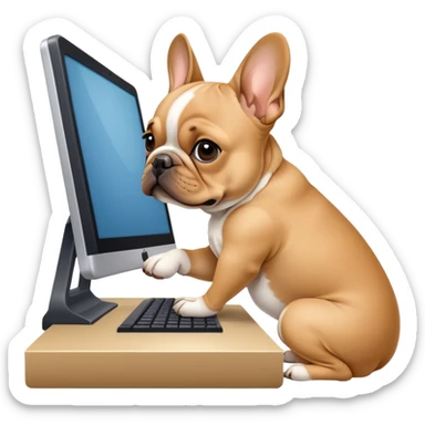 Fawn french bulldog working behind computer sticker