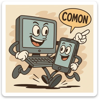 A computer and a phone depicted as allies or fighters for the ComOn service, working together seamlessly. sticker
