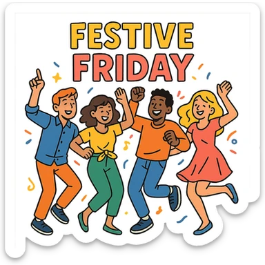 vibrant toon style group of friends dancing, festive Friday mood sticker
