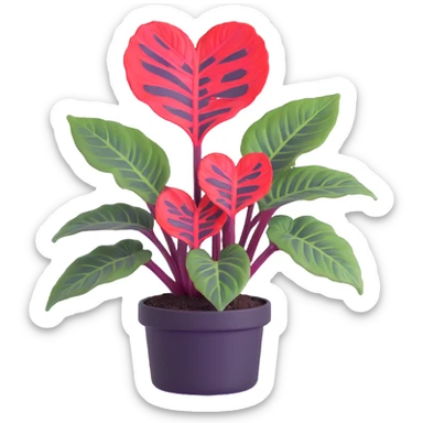 Alocasia azlanii (Red Mambo) plant with heart-shaped leaves in purple and dark green with red veins, in black ceramic pot sticker