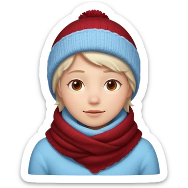 Fantasy human portrait emoji, deep red winter scarf covered with light frost, cozy but cold winter mood, slightly rosy cheeks, icy blue shadows, clean minimal emoji style, male/female variant
 sticker