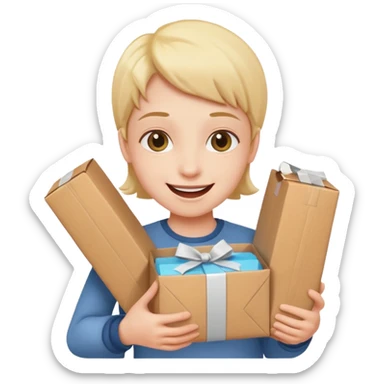 glückliche Person, die ein Paket hält, freundlicher Gesichtsausdruck, Paket in beiden Händen, neutraler Hintergrund sticker