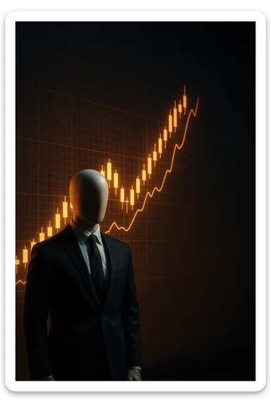 Cinematic 3D render of a faceless mannequin in a suit, standing in front of a giant glowing stock market graph (candlesticks, charts). Large empty wall space on the right for text overlay. Dramatic lighting, deep contrast, epic finance atmosphere. sticker