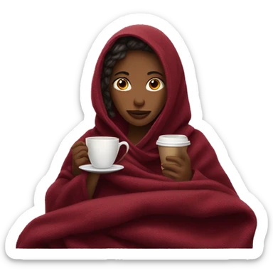 girl covered with a burgundy blanket drinks coffee sticker
