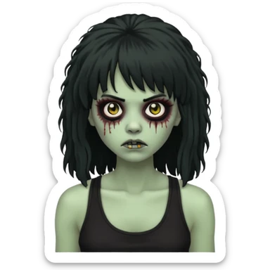 a female zombie with sage green skin, black long afro hair with bangs, and a black tank top  sticker