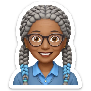 Older woman of color with gray braids, glasses and smiling sticker